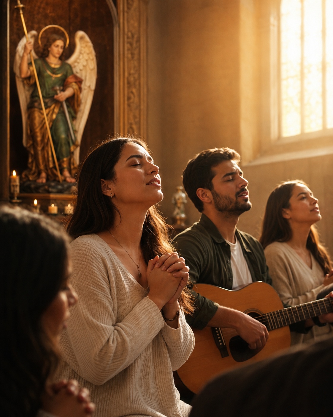 Personas orando y cantando en una iglesia