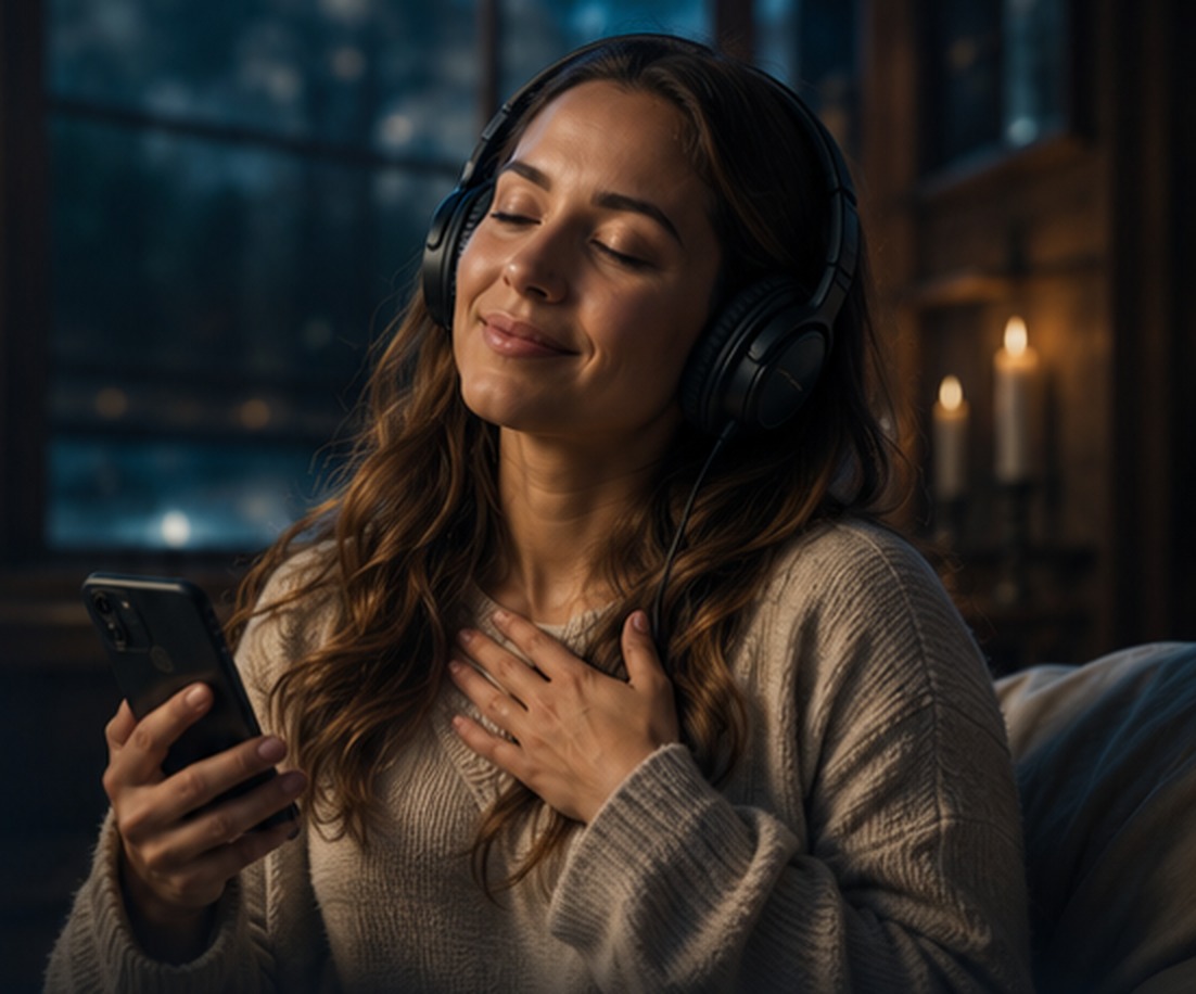 Mujer escuchando música espiritual con audífonos y su celular