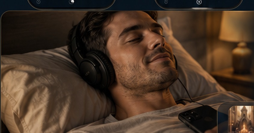 Hombre descansando con audífonos mientras escucha música espiritual